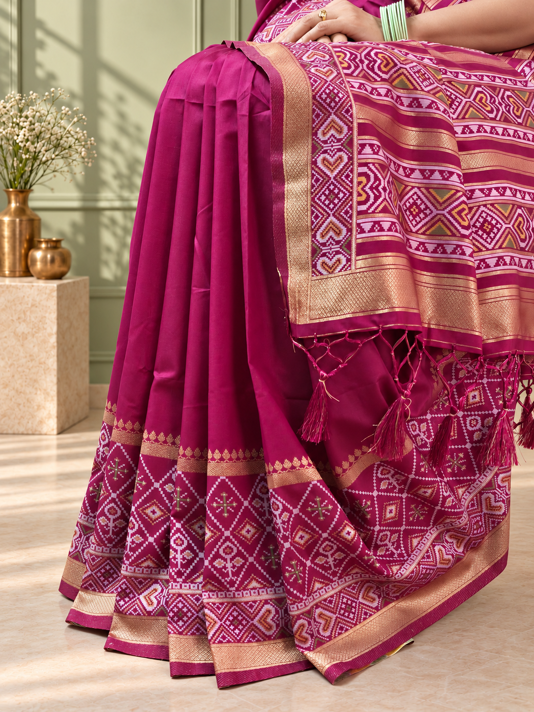 Wine Silk Gala Patola Broad Border Saree