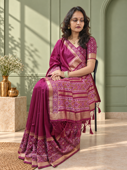 Wine Silk Gala Patola Broad Border Saree