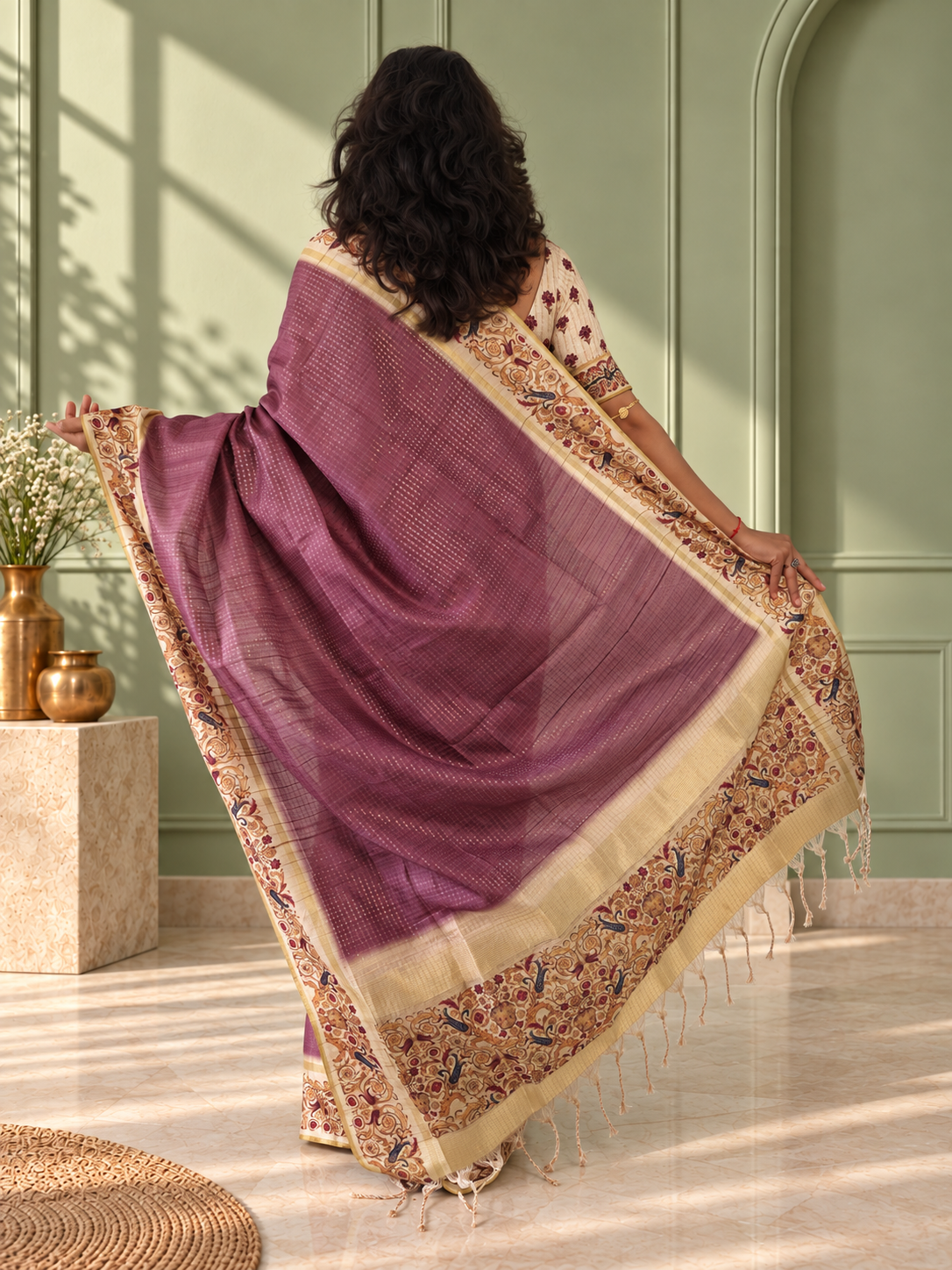 ornate floral border mauve purple tussar silk saree