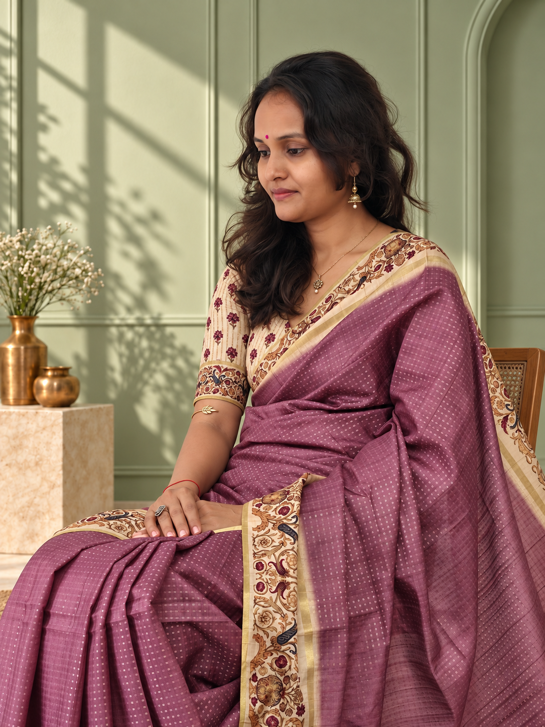 ornate floral border mauve purple tussar silk saree