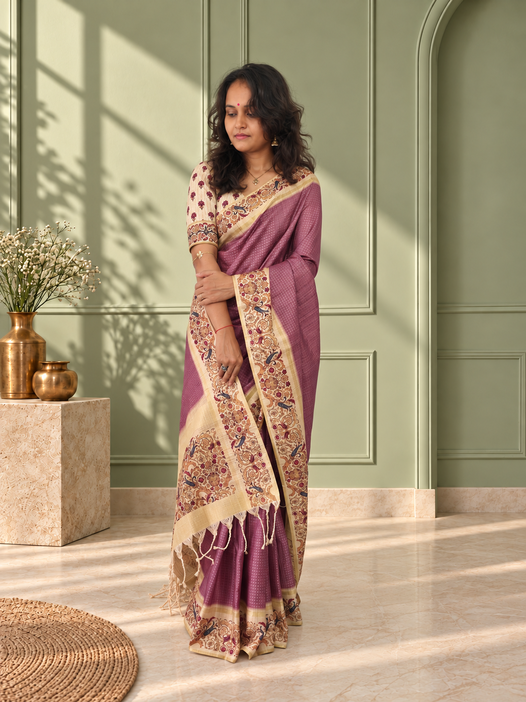 Ornate Floral Border Mauve Purple Tussar Silk Saree