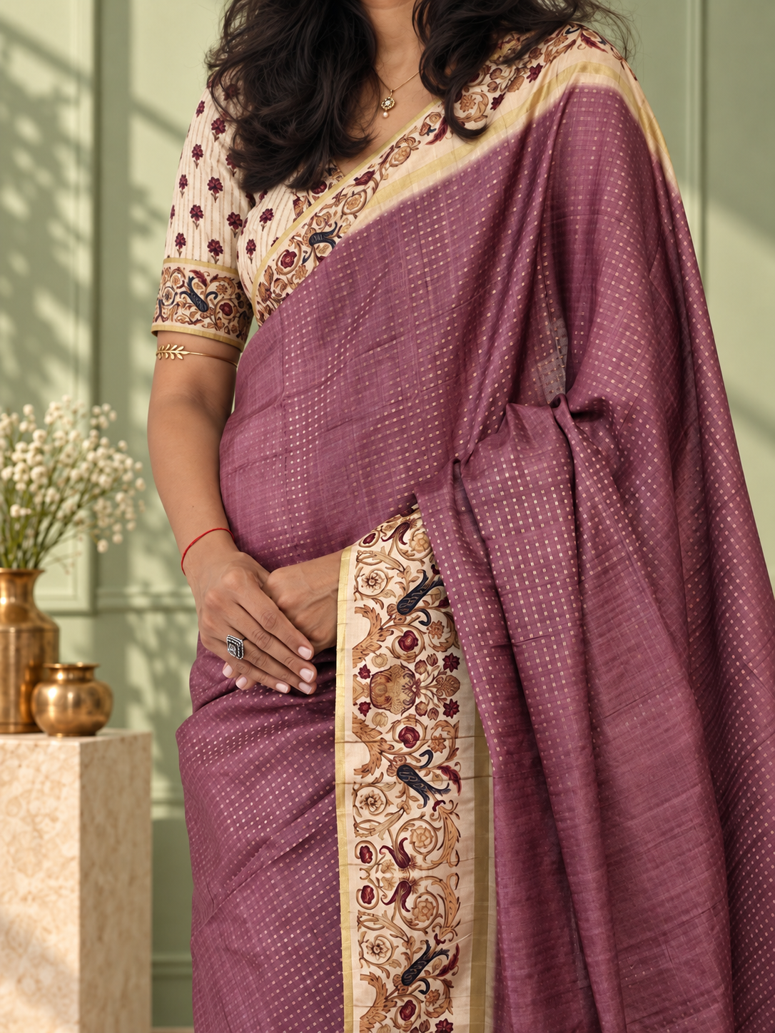 ornate floral border mauve purple tussar silk saree
