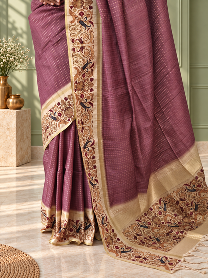 Ornate Floral Border Mauve Purple Tussar Silk Saree