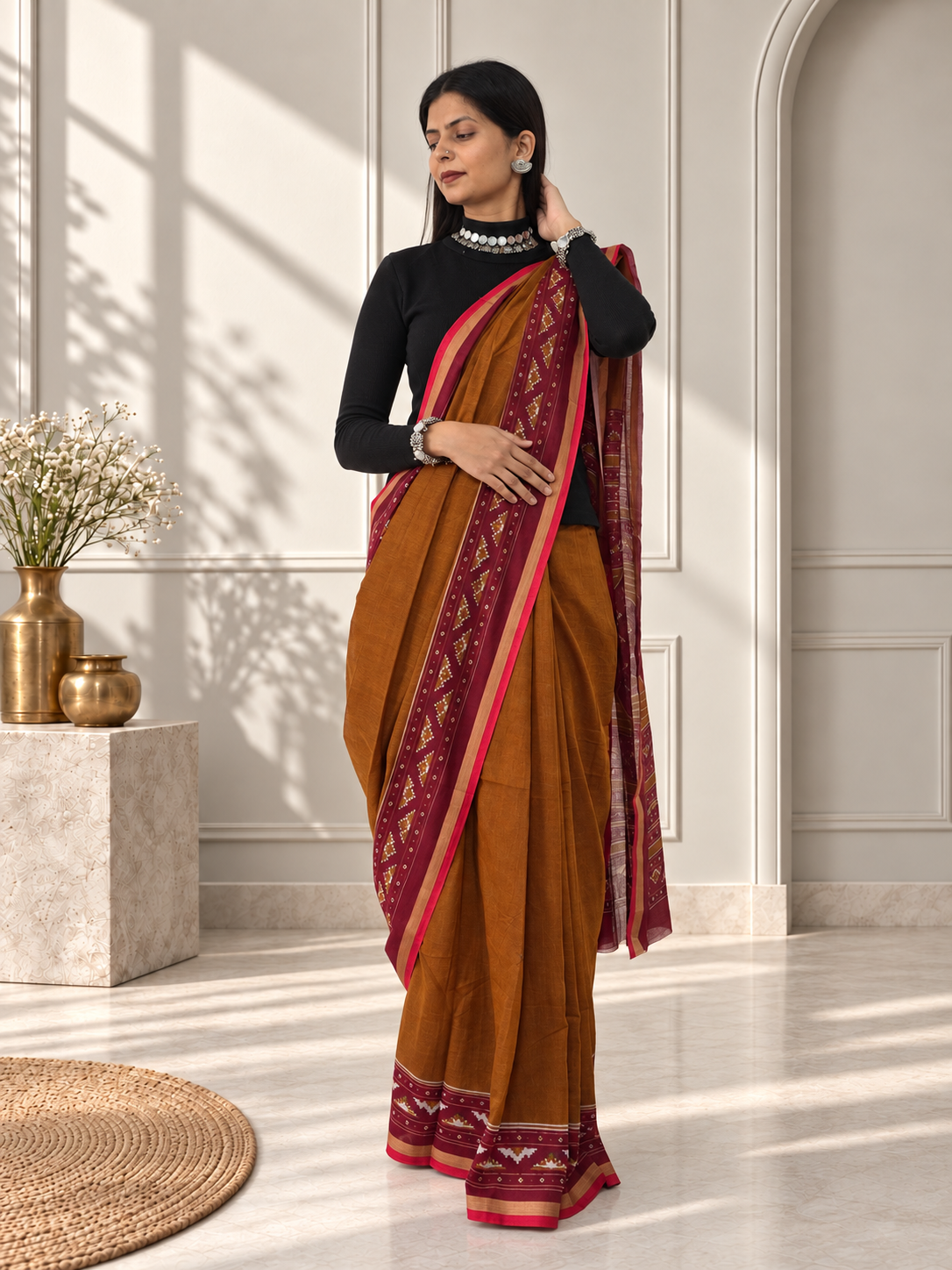 Mustard Yellow Red Kasuthi Hand Embroidered Ilkal Handwoven Cotton Saree