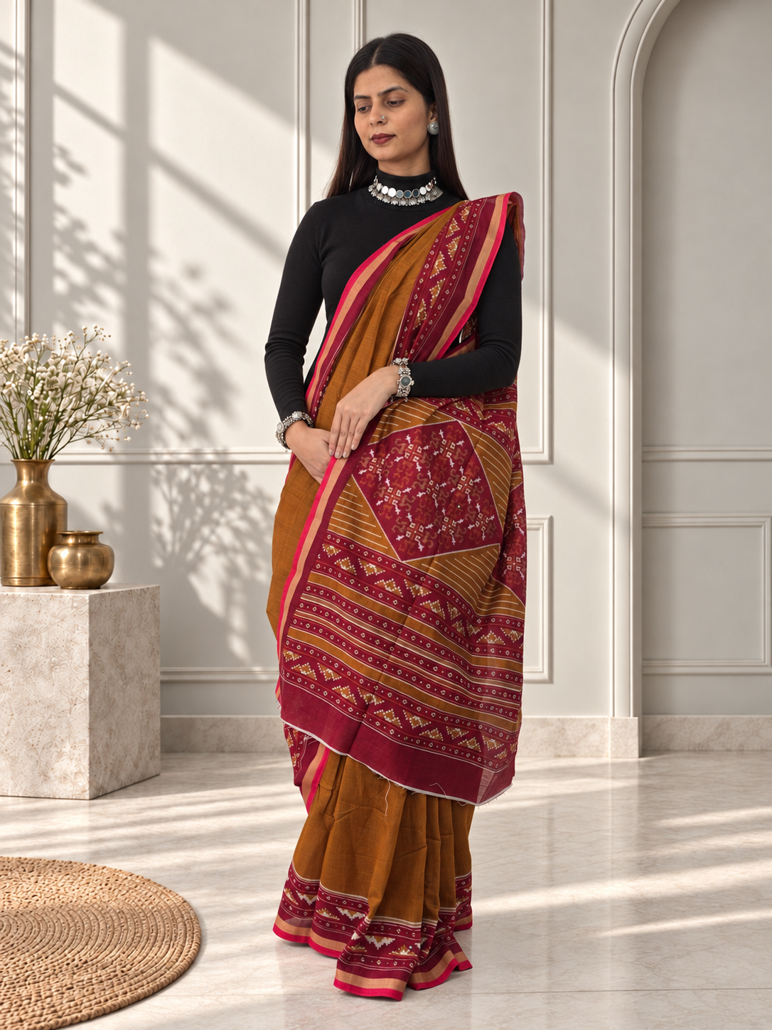 mustard yellow red kasuthi hand embroidered ilkal handwoven cotton saree