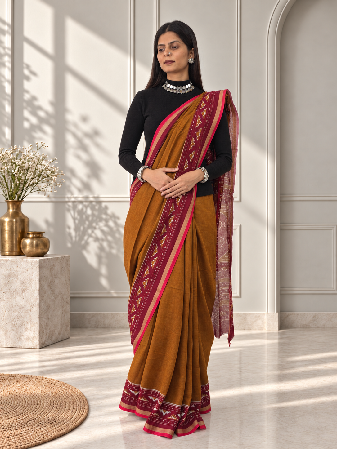 Mustard Yellow Red Kasuthi Hand Embroidered Ilkal Handwoven Cotton Saree