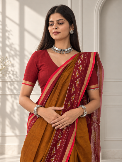 Mustard Yellow Red Kasuthi Hand Embroidered Ilkal Handwoven Cotton Saree