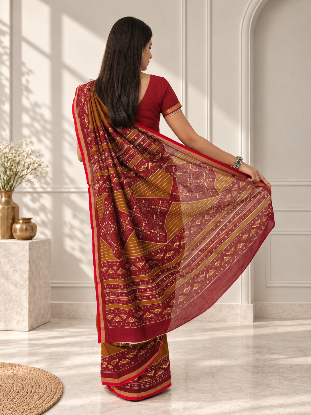 Mustard Yellow Red Kasuthi Hand Embroidered Ilkal Handwoven Cotton Saree