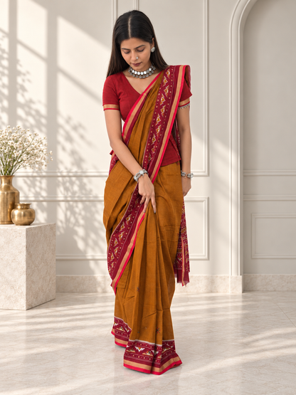 Mustard Yellow Red Kasuthi Hand Embroidered Ilkal Handwoven Cotton Saree