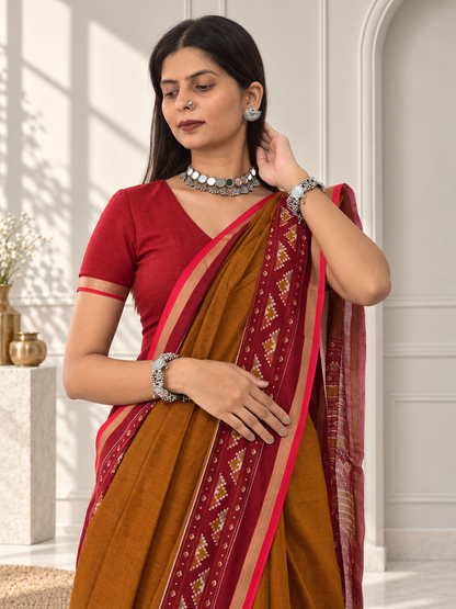 Mustard Yellow Red Kasuthi Hand Embroidered Ilkal Handwoven Cotton Saree