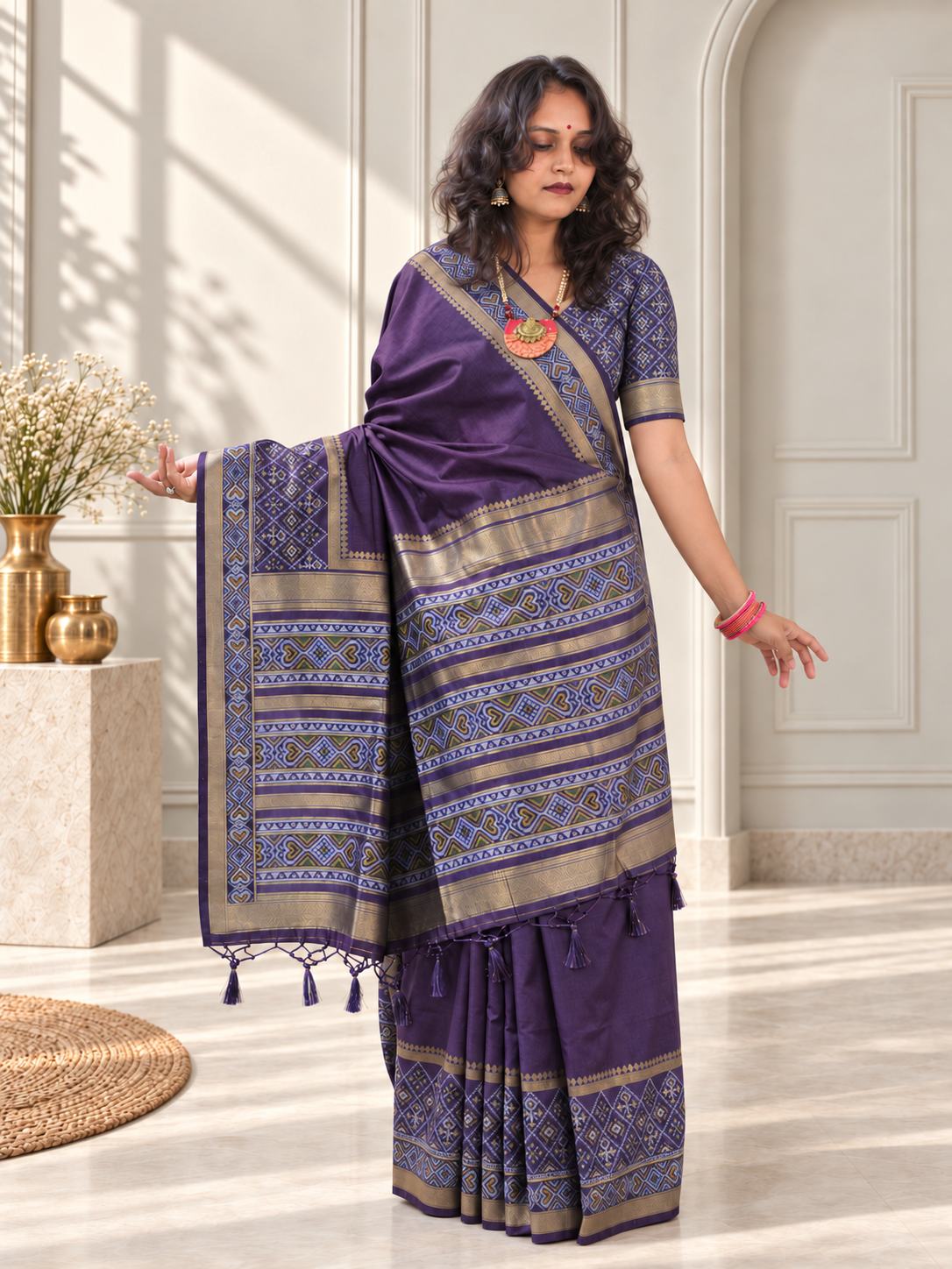 dark plum silk gala patola broad border saree