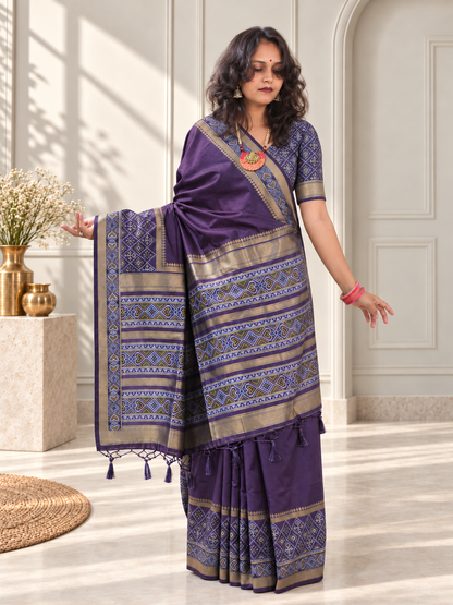 Dark Plum Silk Gala Patola Broad Border Saree