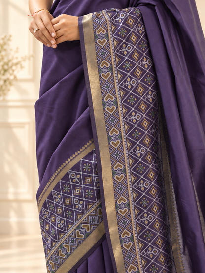 Dark Plum Silk Gala Patola Broad Border Saree