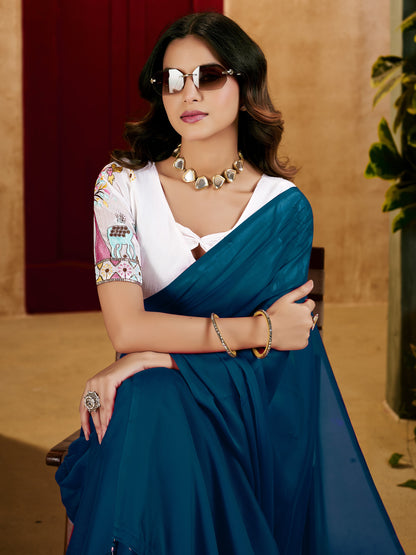 Peacock Blue Elegant Plain Saree with Embroidered Blouse
