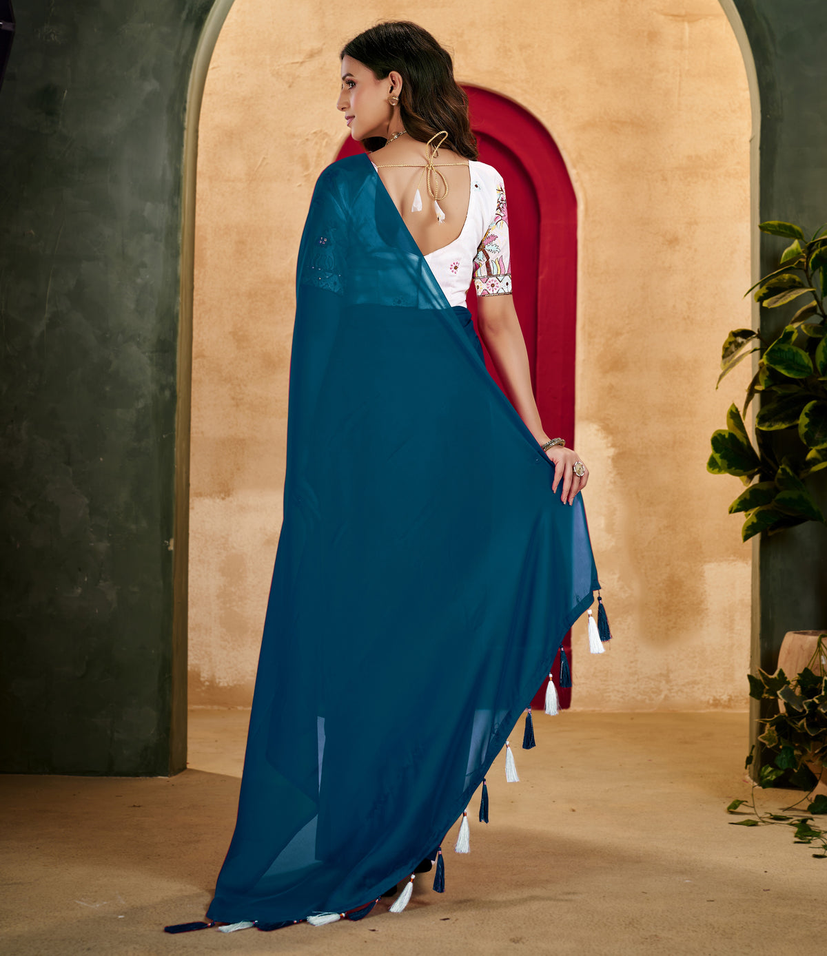 Peacock Blue Elegant Plain Saree with Embroidered Blouse