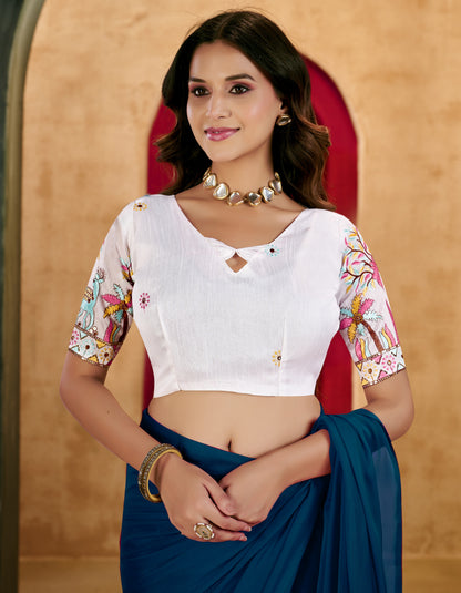 Peacock Blue Elegant Plain Saree with Embroidered Blouse