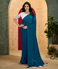 Peacock Blue Elegant Plain Saree with Embroidered Blouse