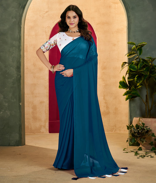 Peacock Blue Elegant Plain Saree with Embroidered Blouse
