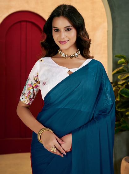 Peacock Blue Elegant Plain Saree with Embroidered Blouse