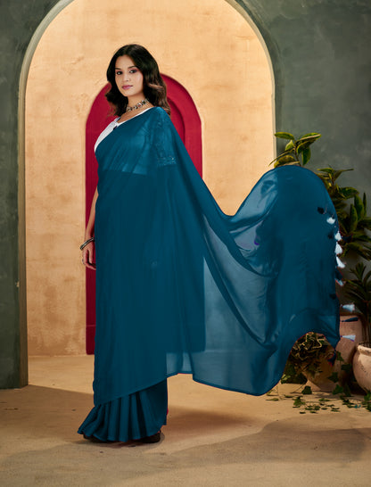 Peacock Blue Elegant Plain Saree with Embroidered Blouse