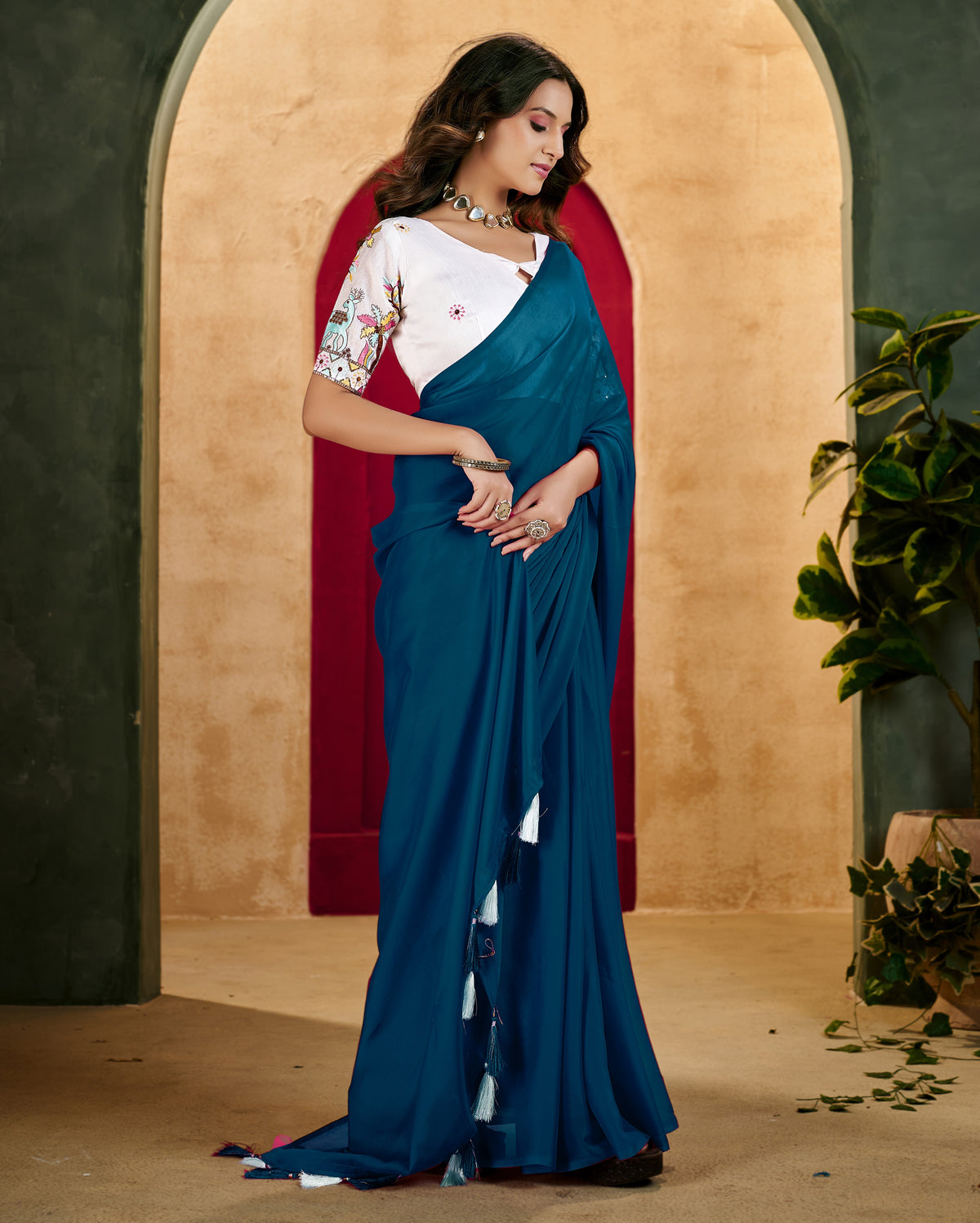 Peacock Blue Elegant Plain Saree with Embroidered Blouse
