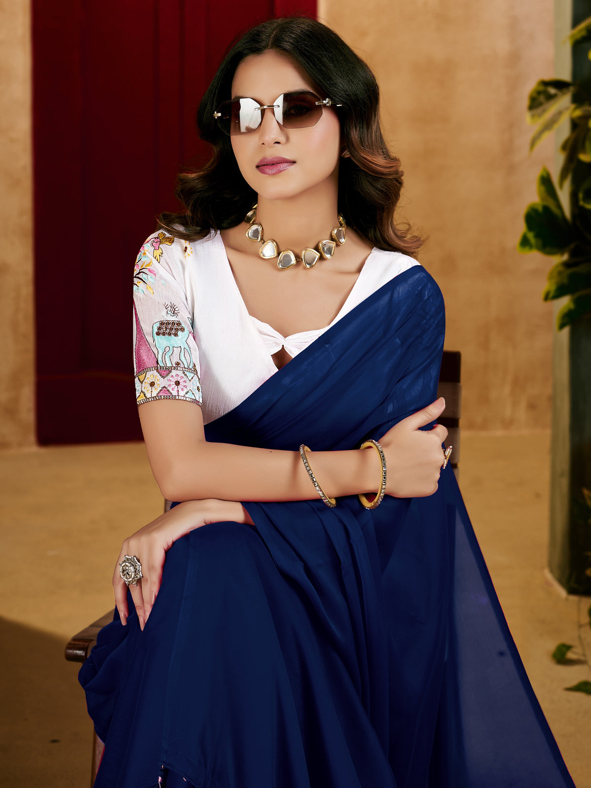 Navy Blue Elegant Plain Saree with Embroidered Blouse