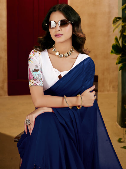 Navy Blue Elegant Plain Saree with Embroidered Blouse
