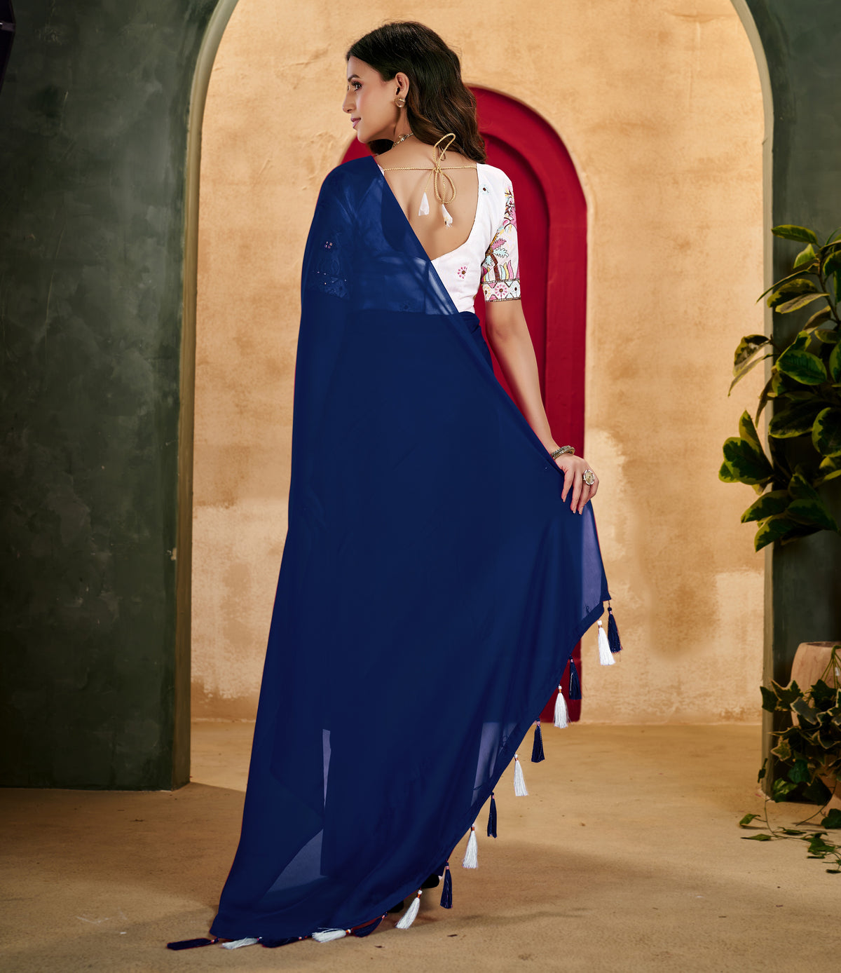 navy blue elegant plain saree with embroidered blouse