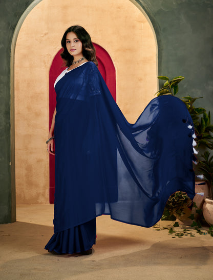 Navy Blue Elegant Plain Saree with Embroidered Blouse
