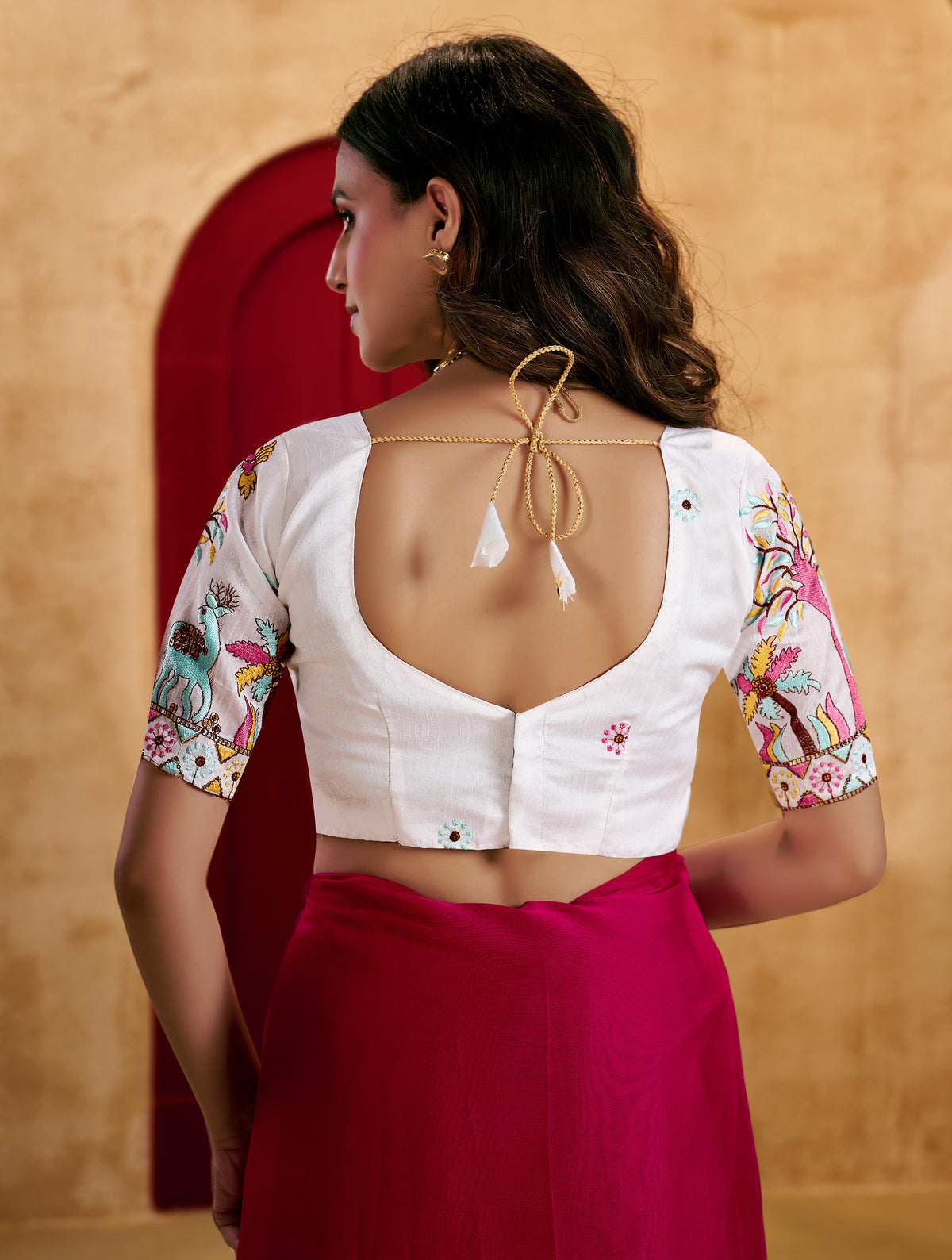 pink elegant plain saree with embroidered blouse