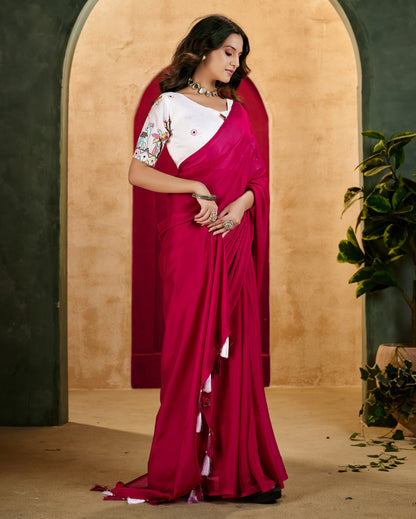 Pink Elegant Plain Saree with Embroidered Blouse