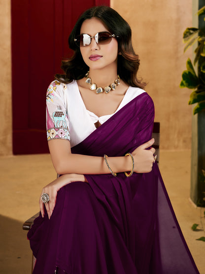 Wine Elegant Plain Saree with Embroidered Blouse