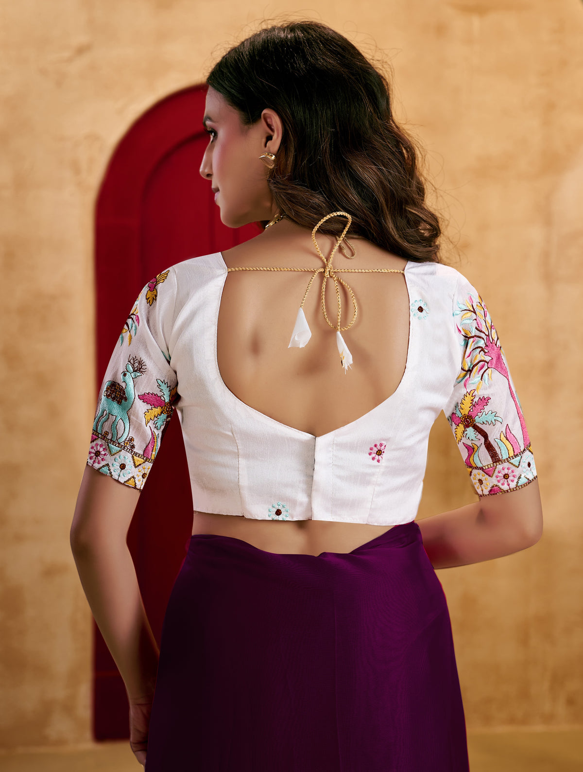 wine elegant plain saree with embroidered blouse