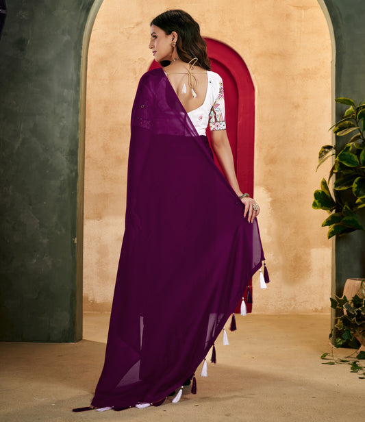 Wine Elegant Plain Saree with Embroidered Blouse