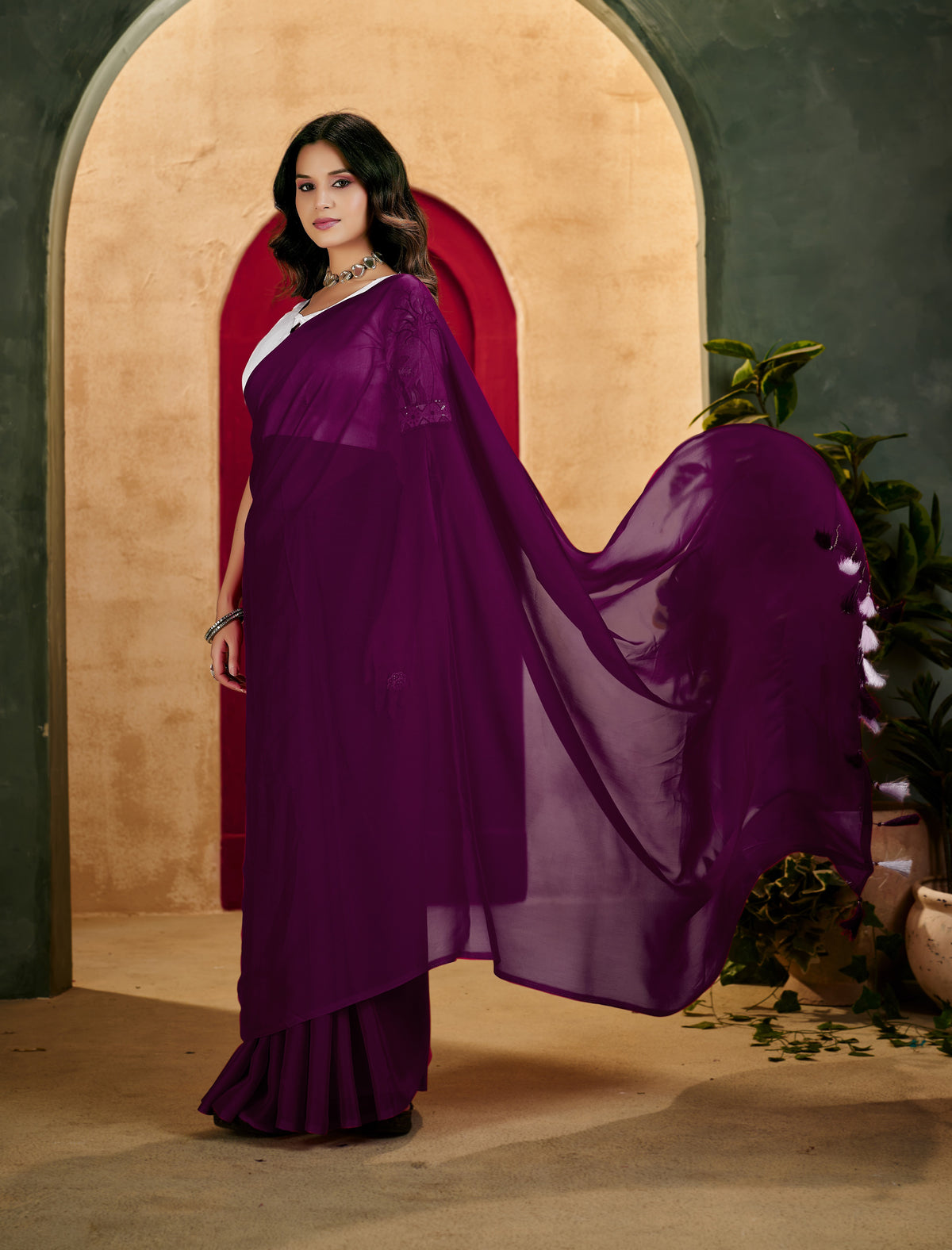 Wine Elegant Plain Saree with Embroidered Blouse