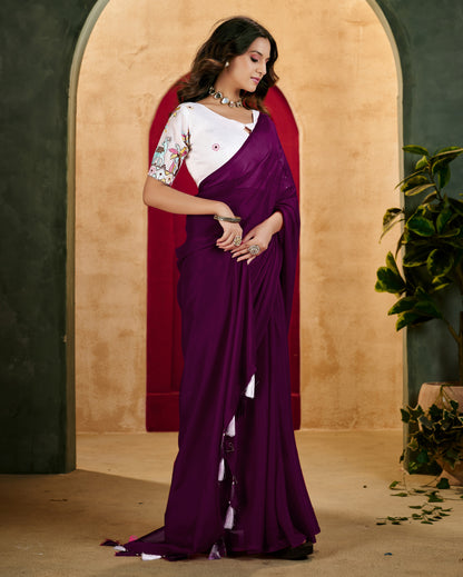 Wine Elegant Plain Saree with Embroidered Blouse