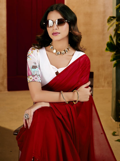 Red Elegant Plain Saree with Embroidered Blouse