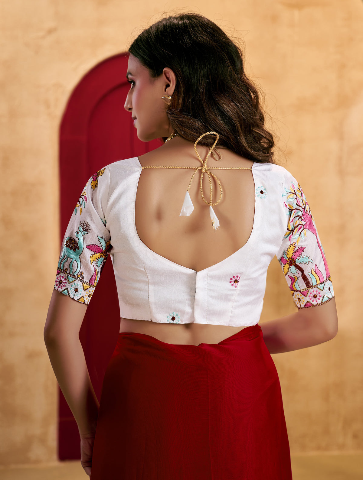 Red Elegant Plain Saree with Embroidered Blouse
