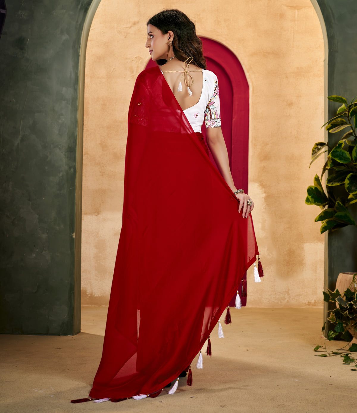 Red Elegant Plain Saree with Embroidered Blouse