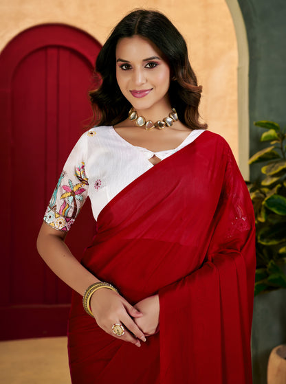Red Elegant Plain Saree with Embroidered Blouse