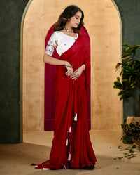 Red Elegant Plain Saree with Embroidered Blouse