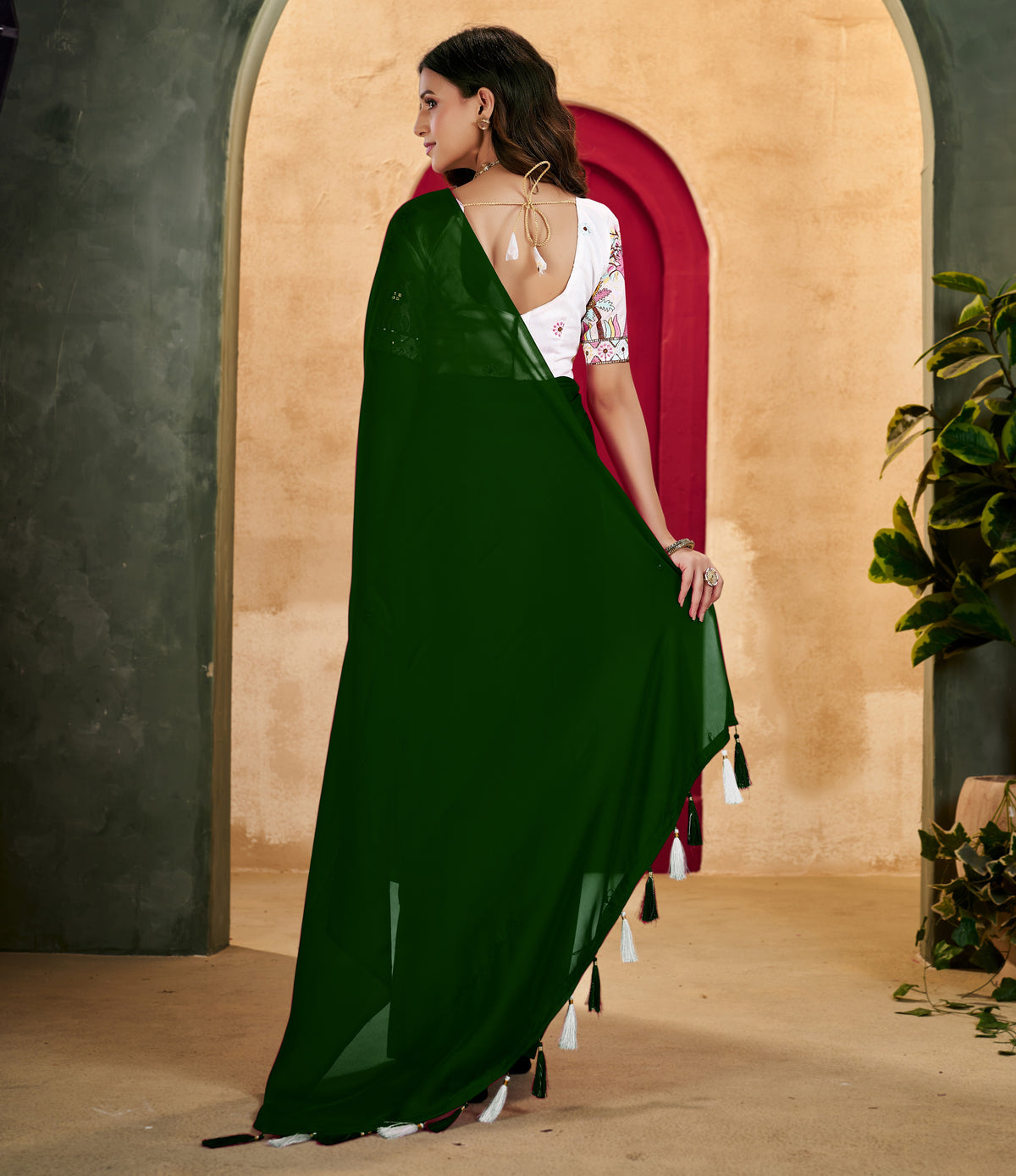 Green Elegant Plain Saree with Embroidered Blouse