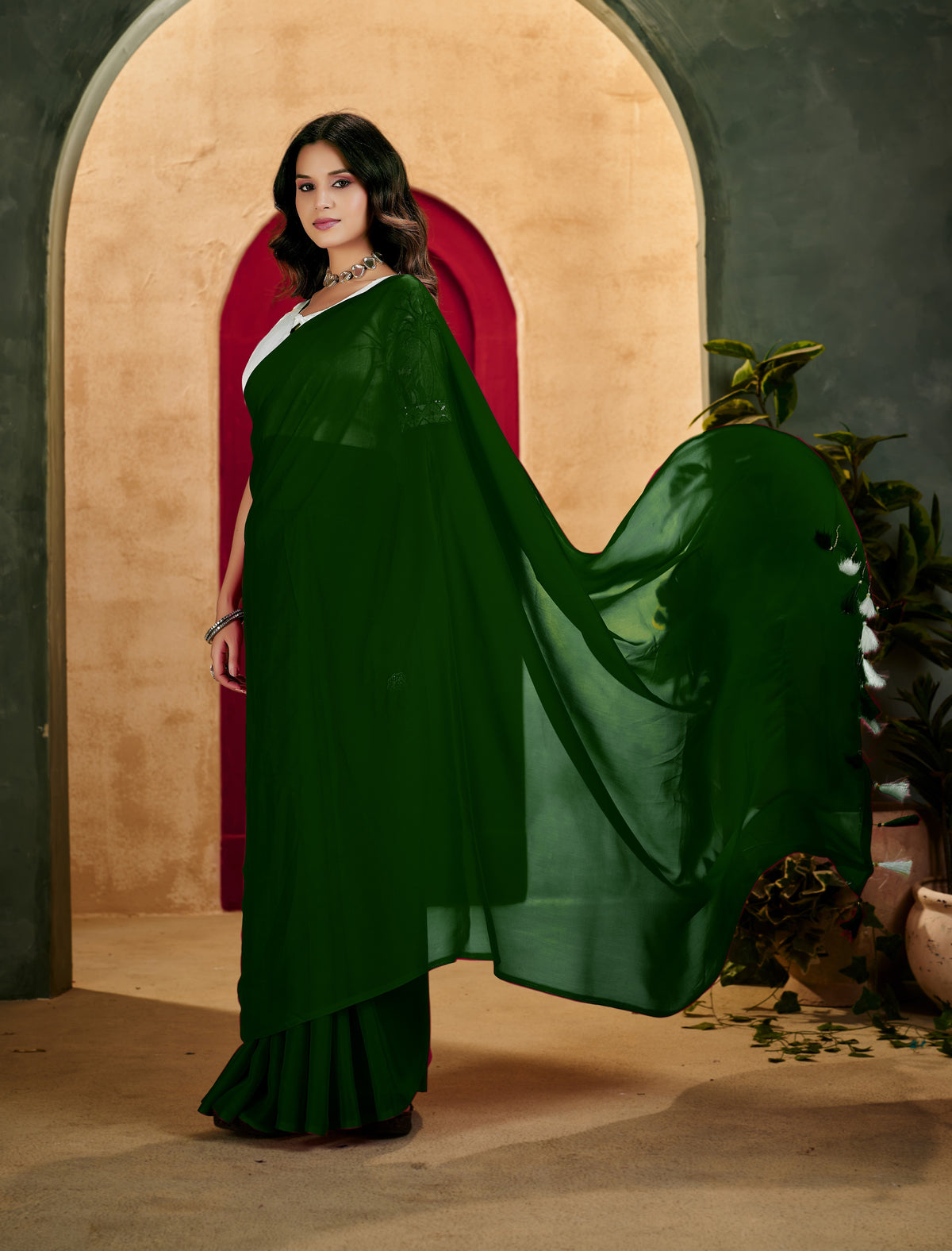 Green Elegant Plain Saree with Embroidered Blouse