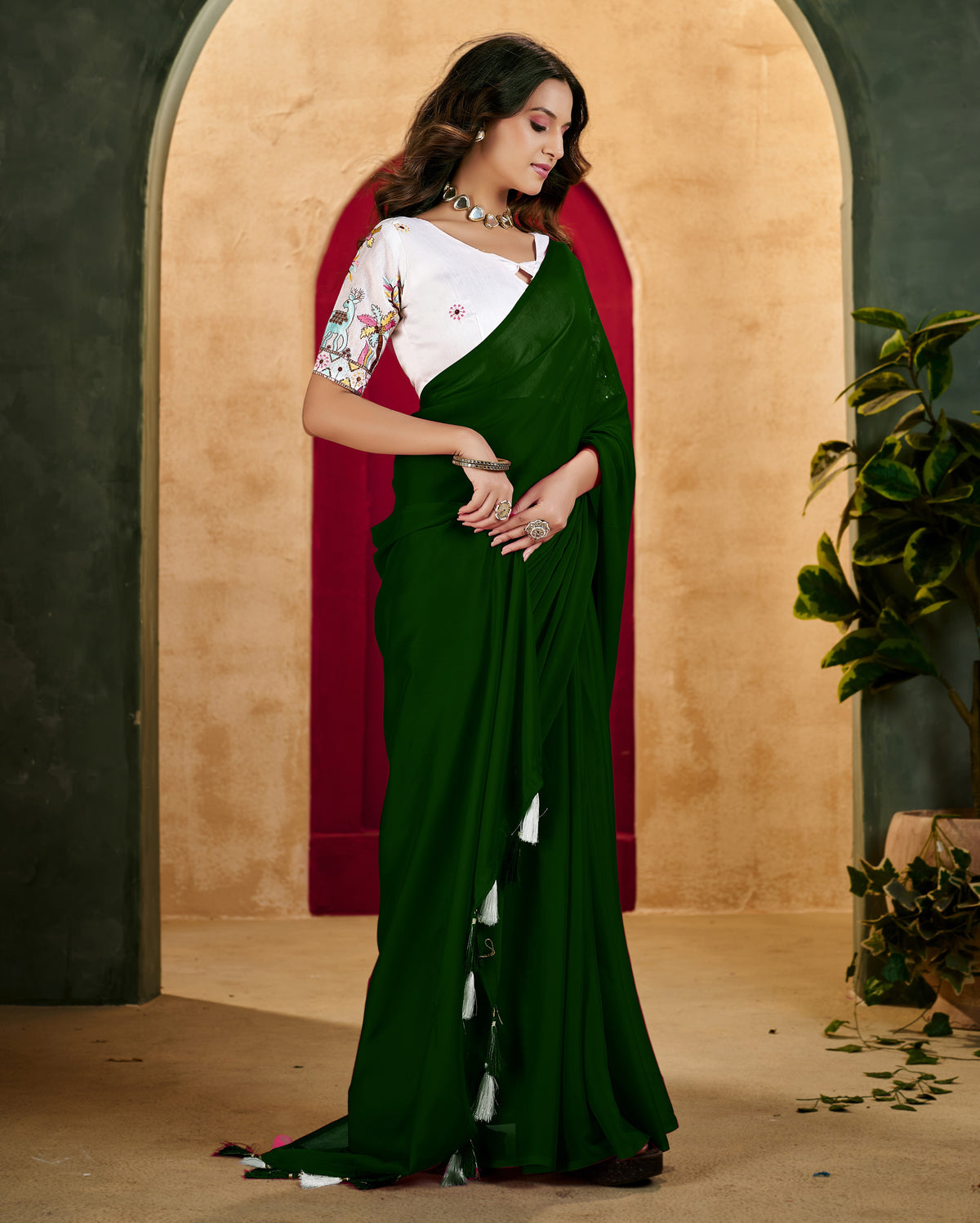 Green Elegant Plain Saree with Embroidered Blouse