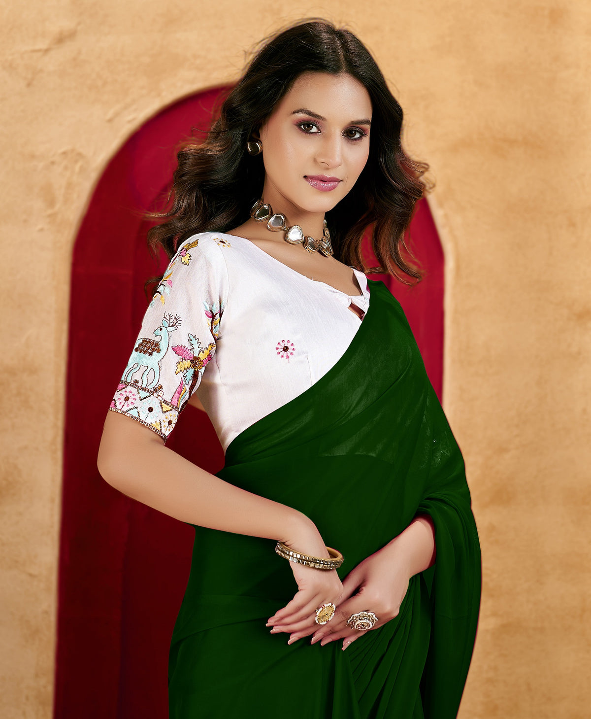 Green Elegant Plain Saree with Embroidered Blouse