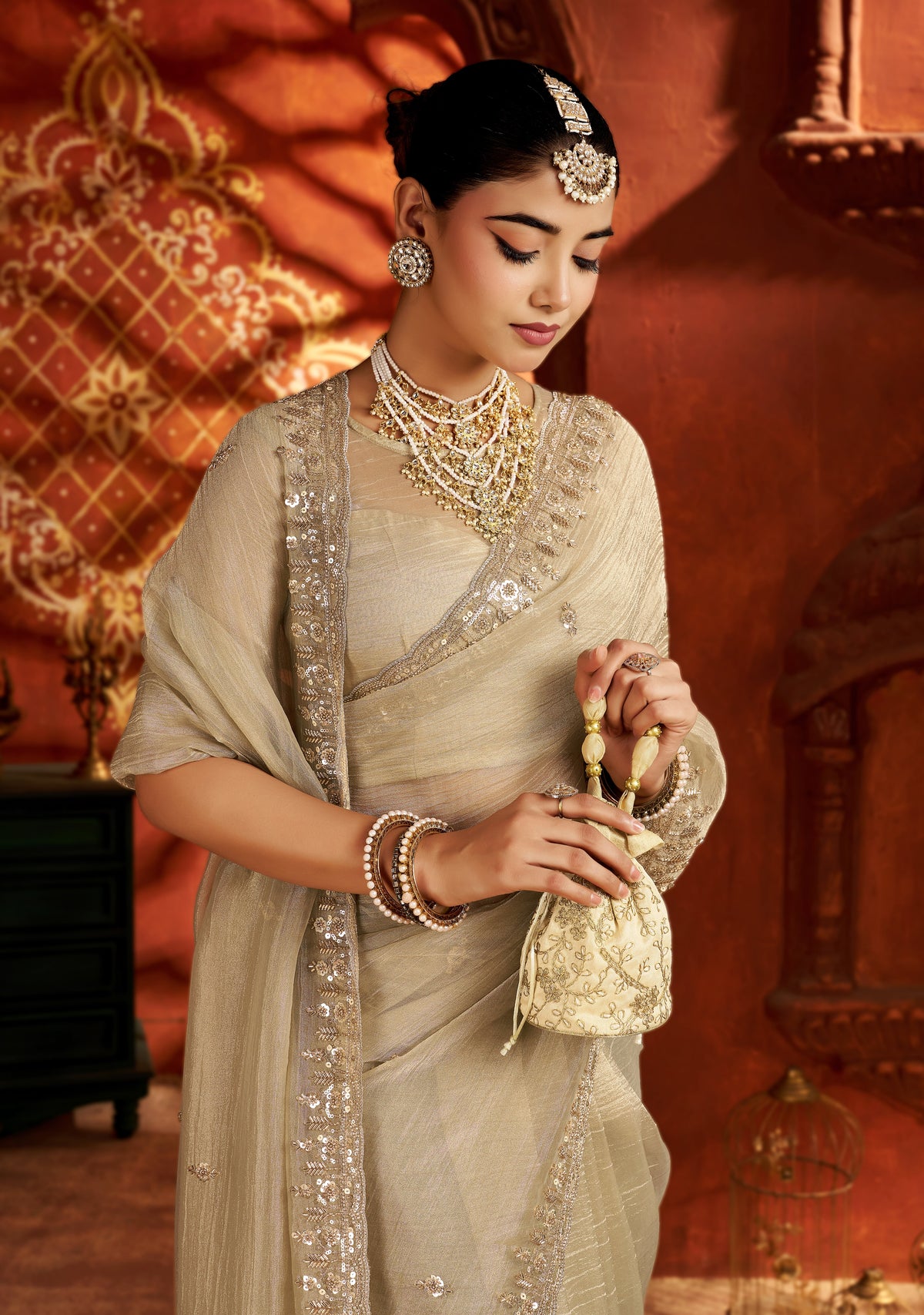 Pearl Gold Soft Tissue Silk Saree with Heavy Handcrafted Beadwork