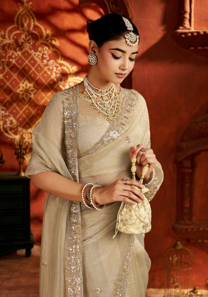 Pearl Gold Soft Tissue Silk Saree with Heavy Handcrafted Beadwork