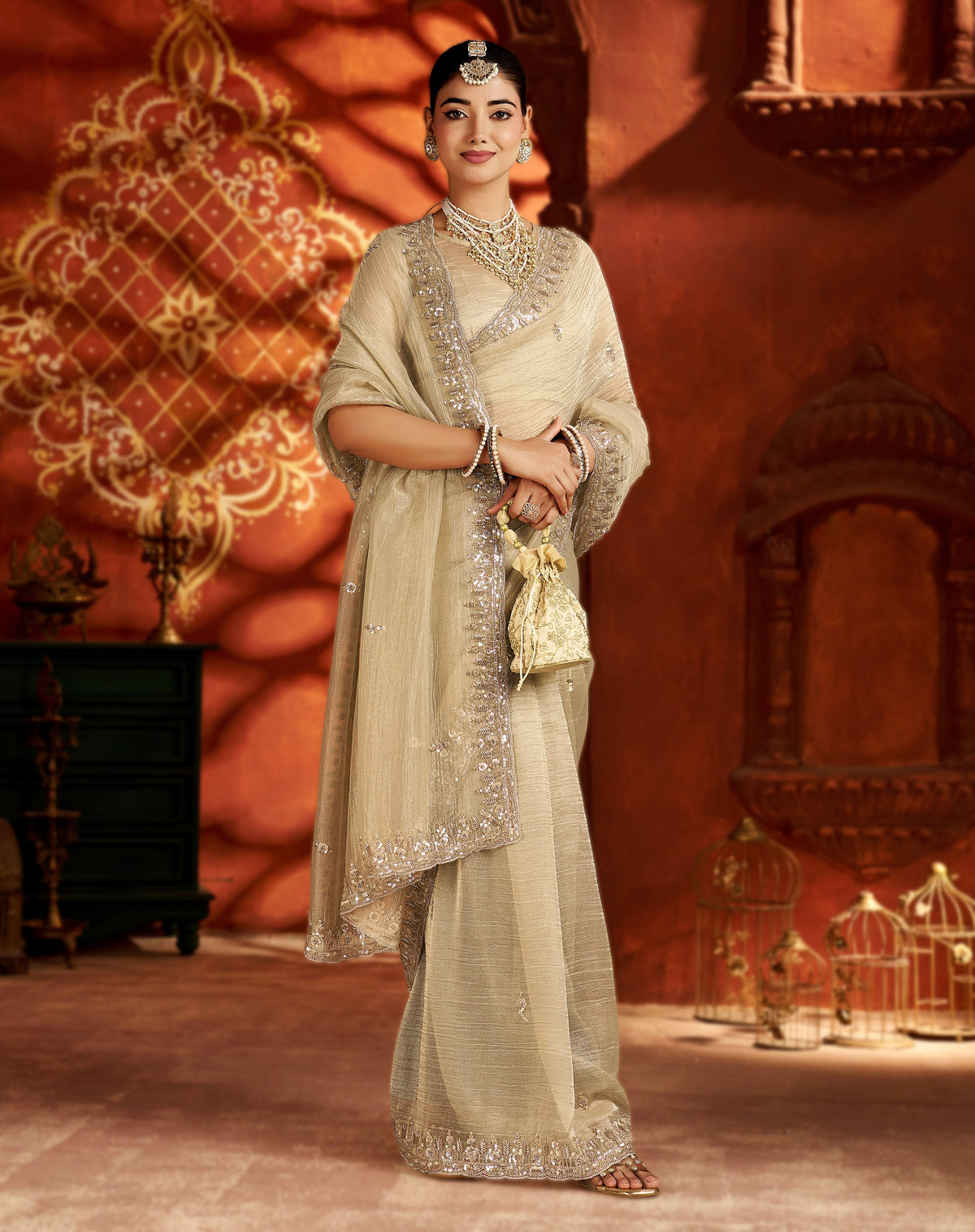 pearl gold soft tissue silk saree with heavy handcrafted beadwork