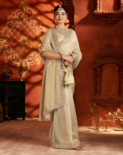 Pearl Gold Soft Tissue Silk Saree with Heavy Handcrafted Beadwork
