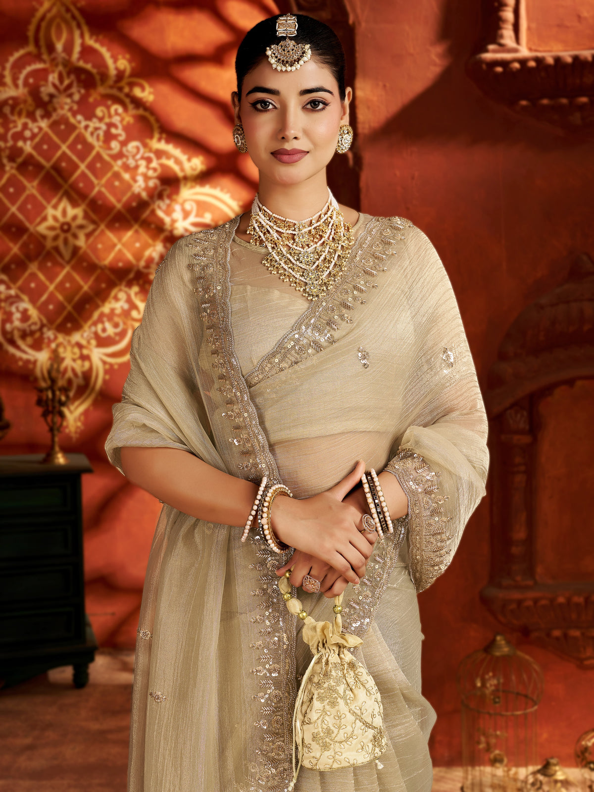 Pearl Gold Soft Tissue Silk Saree with Heavy Handcrafted Beadwork